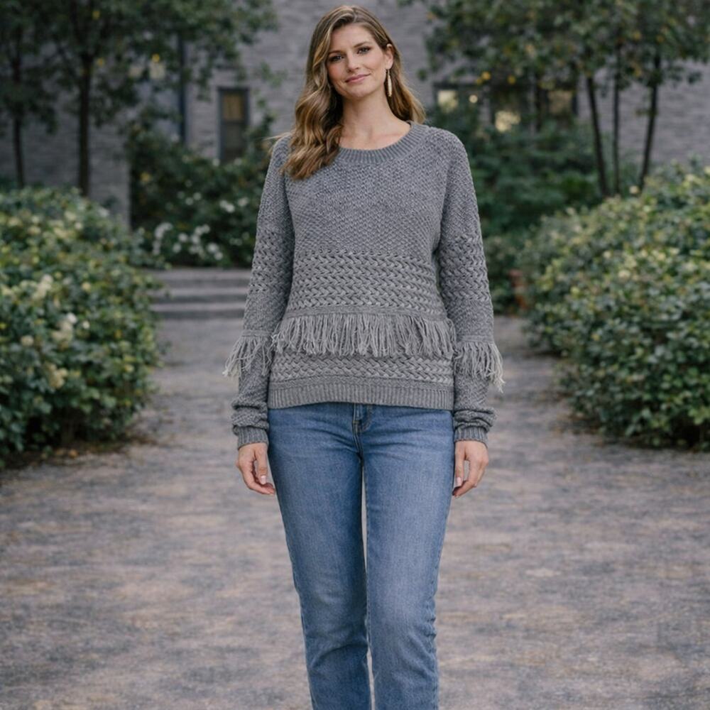 BB Dakota Candace Grey Fringe Basketweave Knit Sweater NWT Small